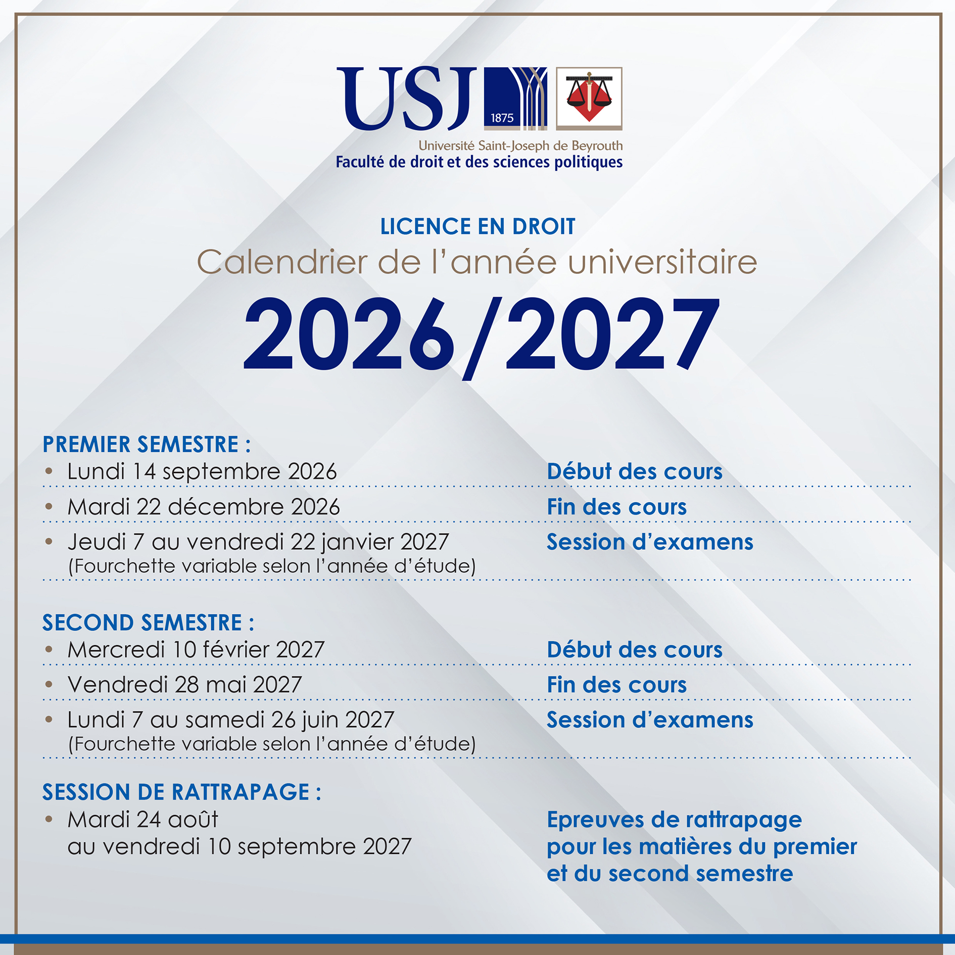Calendrier de la Faculté de droit 2026/2027