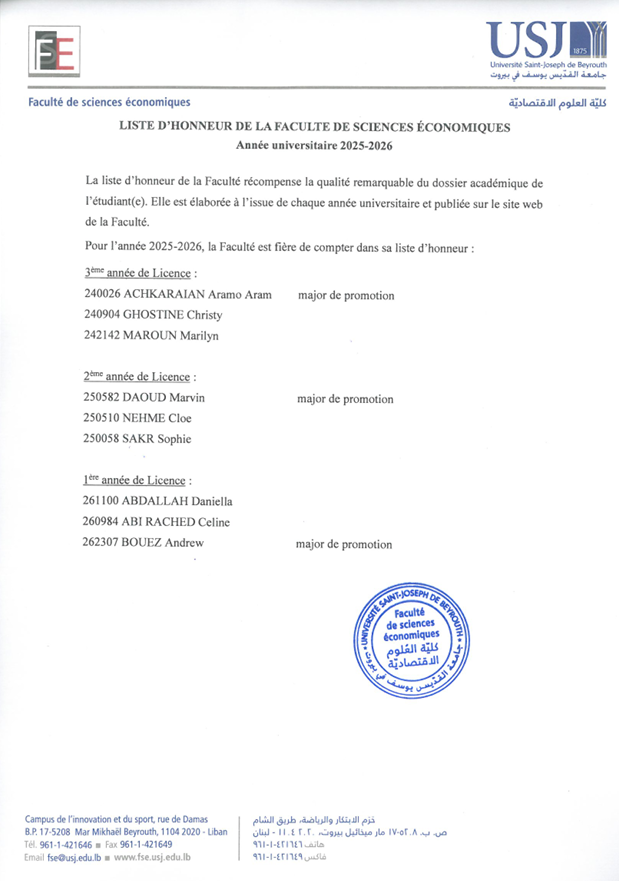 Liste d'honneur 2025-2026