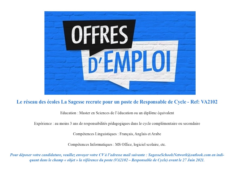 Nouvelle offre d'emploi - Le réseau des écoles La Sagesse recrute 