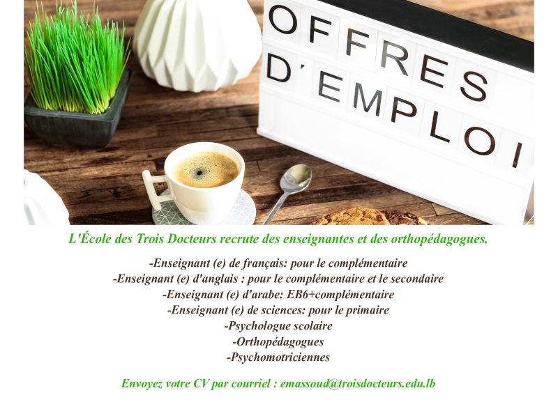 Nouvelle offre d'emploi - L'Ecole des Trois Docteurs recrute 