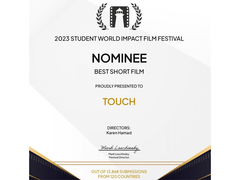 « Touch », court-métrage de Karen Hamad, nominé pour le prix du meilleur court-métrage au Student World Impact Film Festival 2023 (SWIFF) !