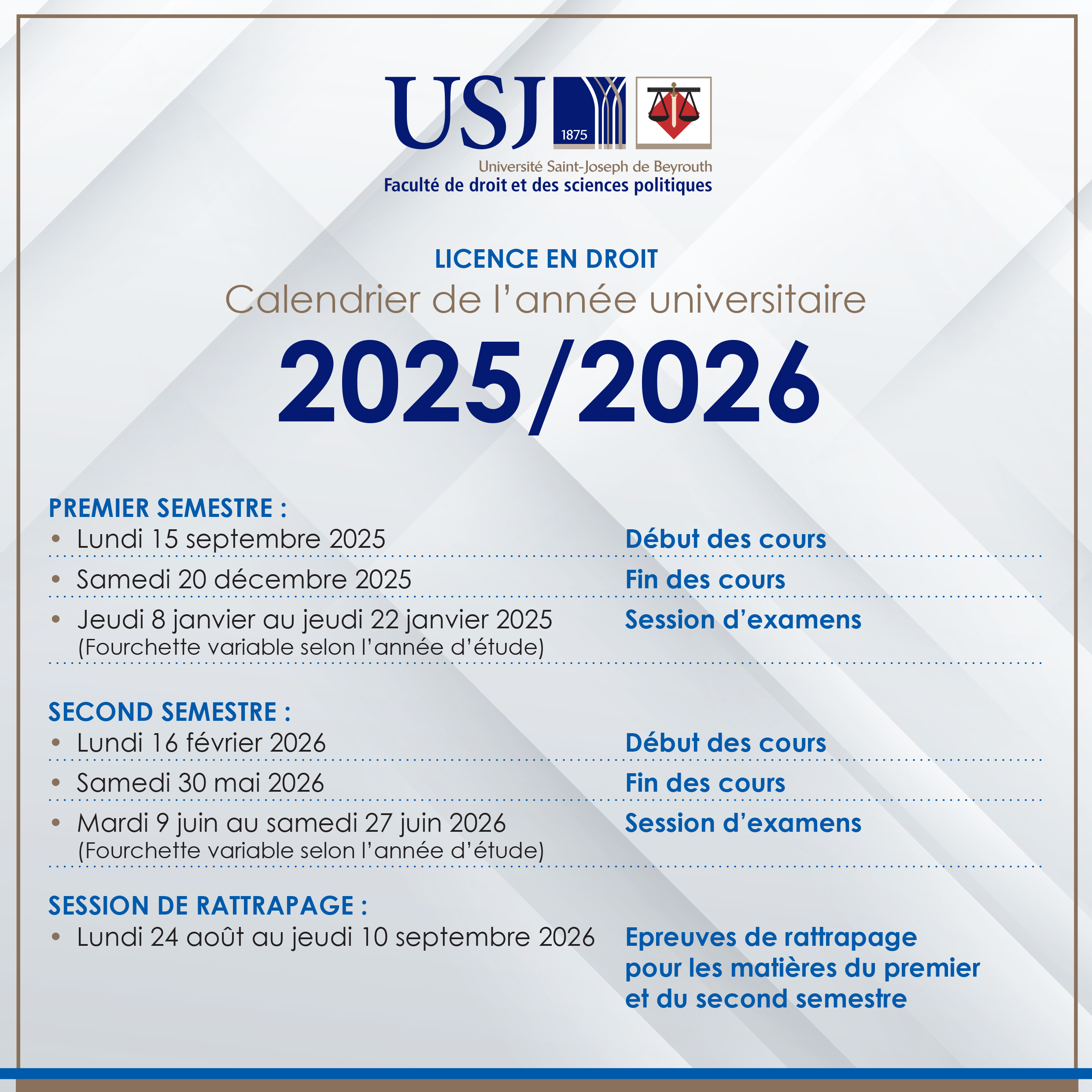 Calendrier de l’année universitaire 2025-2026 – Licence en Droit
