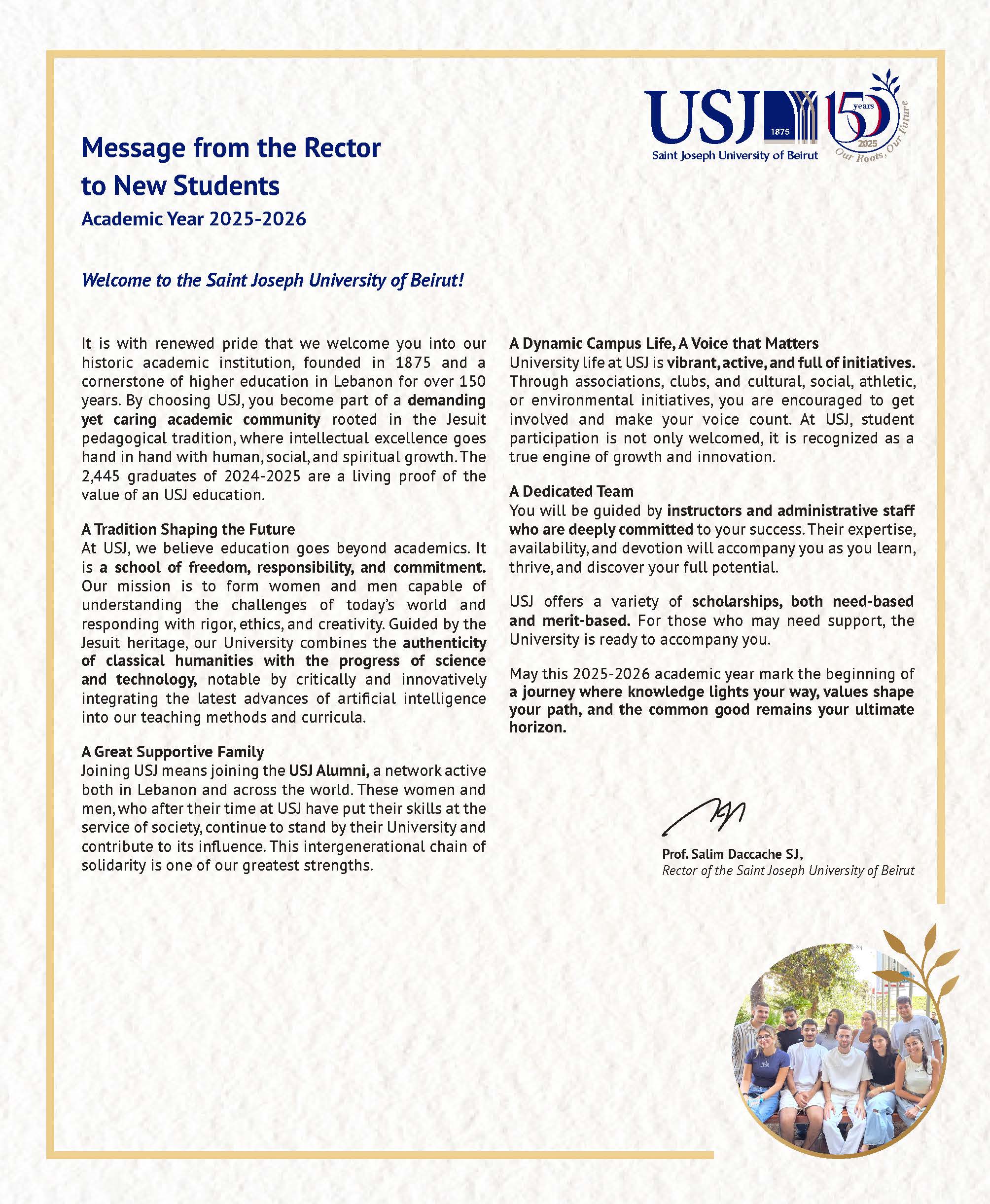 Message from the Rector to New Students – Academic year 25-26