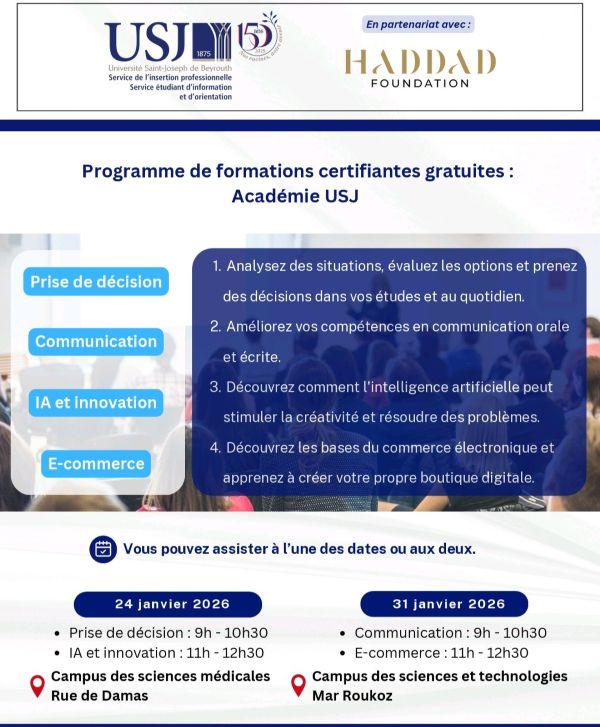 Le Programme de formations certifiantes gratuites « Académie USJ » : Former, accompagner et inspirer les Leaders de demain