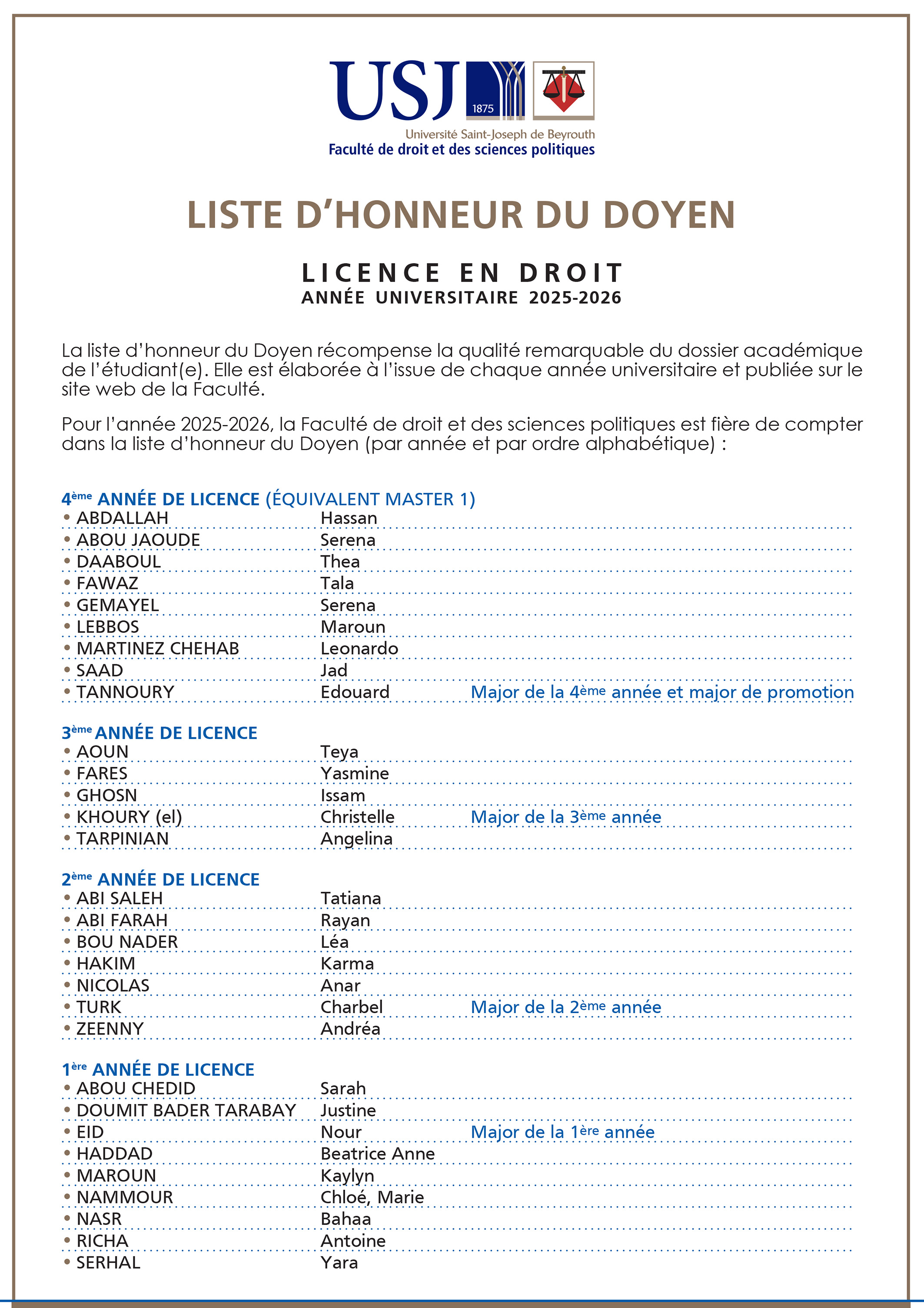 Liste d'honneur du Doyen 2025/2026