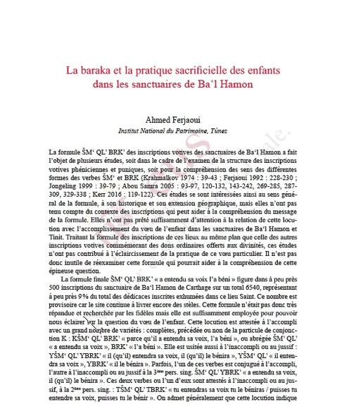 La Baraka et la pratique sacrificielle des enfants dans les sanctuaires de Ba'l Hamon