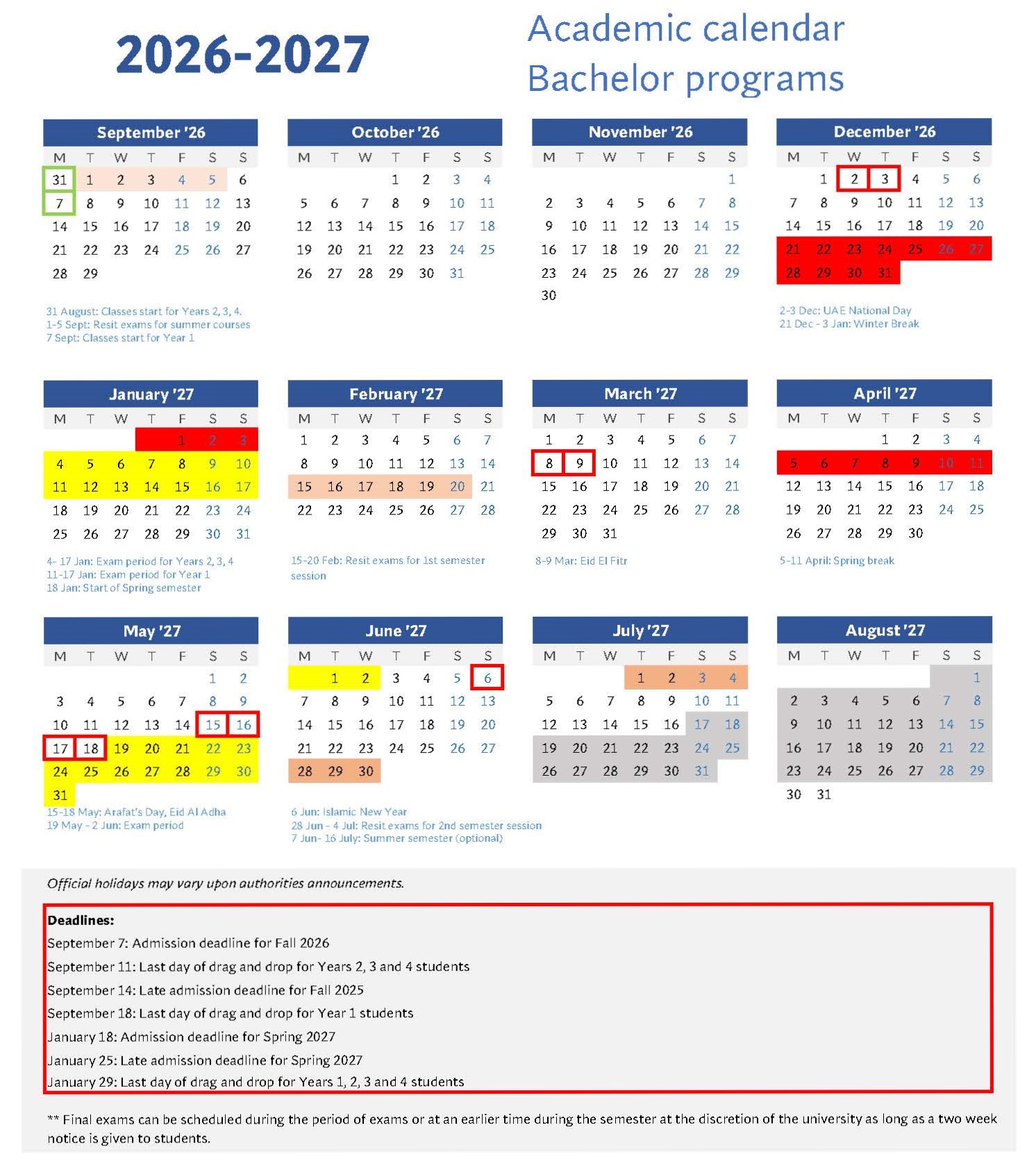 Academic Calendar - Bachelor 2026-2027
