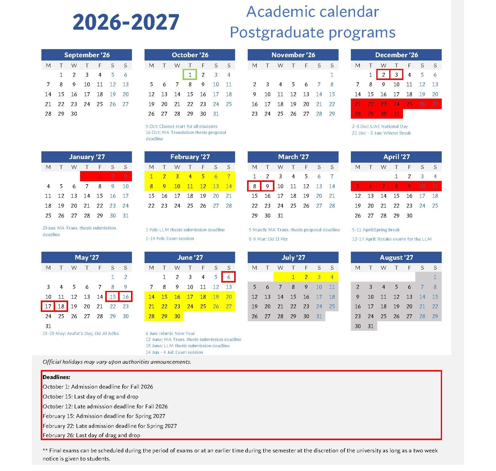 Academic Calendar - PostGrad 2026-2027
